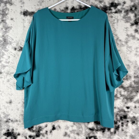 J Jill Wearever Blouse Womens Size PL Blue Green Polyester Lined Wide Sleeve - Picture 1 of 11